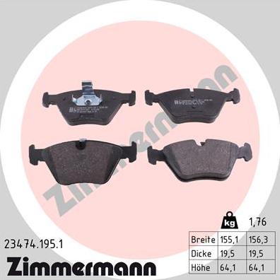 Zimmermann 23474.195.1 - Тормозные колодки, дисковые, комплект unicars.by