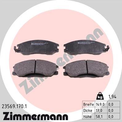 Zimmermann 23569.170.1 - Тормозные колодки, дисковые, комплект unicars.by