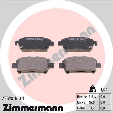 Zimmermann 23510.160.1 - Тормозные колодки, дисковые, комплект unicars.by