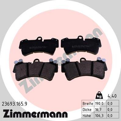 Zimmermann 23693.165.9 - Тормозные колодки, дисковые, комплект unicars.by