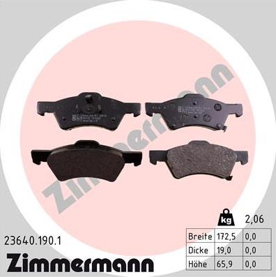 Zimmermann 23640.190.1 - Тормозные колодки, дисковые, комплект unicars.by