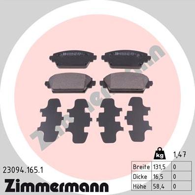 Zimmermann 23094.165.1 - Тормозные колодки, дисковые, комплект unicars.by