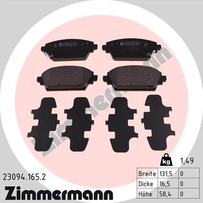 Zimmermann 23094.165.2 - Тормозные колодки, дисковые, комплект unicars.by