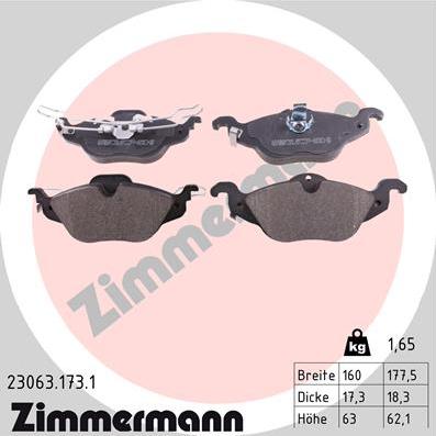 Zimmermann 23063.173.1 - Тормозные колодки, дисковые, комплект unicars.by