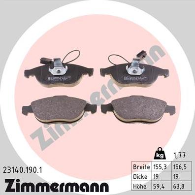 Zimmermann 23140.190.1 - Тормозные колодки, дисковые, комплект unicars.by