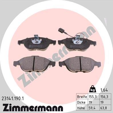 Zimmermann 23141.190.1 - Тормозные колодки, дисковые, комплект unicars.by