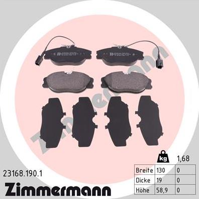 Zimmermann 23168.190.1 - Тормозные колодки, дисковые, комплект unicars.by