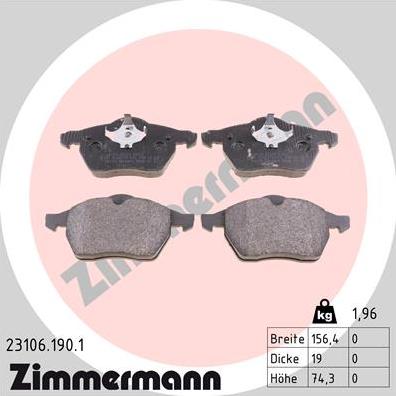 Zimmermann 23106.190.1 - Тормозные колодки, дисковые, комплект unicars.by