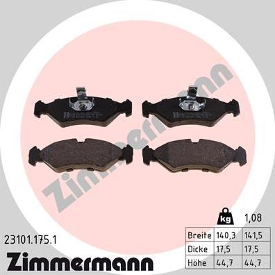 Zimmermann 23101.175.1 - Тормозные колодки, дисковые, комплект unicars.by