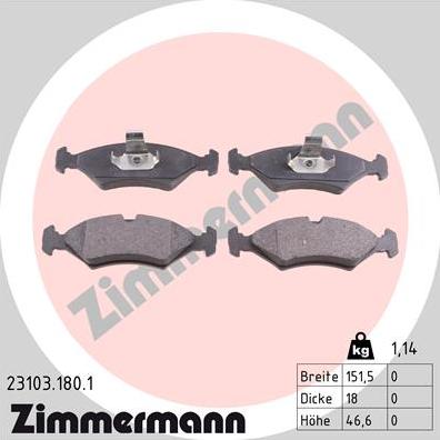 Zimmermann 23103.180.1 - Тормозные колодки, дисковые, комплект unicars.by