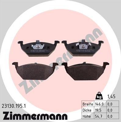 Zimmermann 23130.195.1 - Тормозные колодки, дисковые, комплект unicars.by