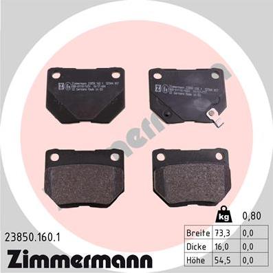 Zimmermann 23850.160.1 - Тормозные колодки, дисковые, комплект unicars.by