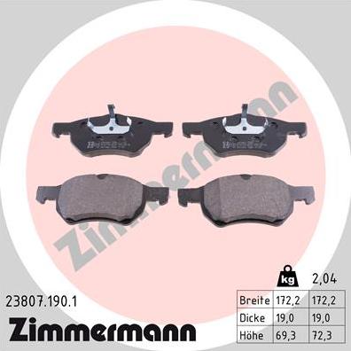 Zimmermann 23807.190.1 - Тормозные колодки, дисковые, комплект unicars.by