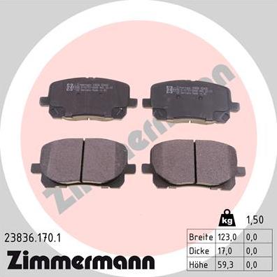 Zimmermann 23836.170.1 - Тормозные колодки, дисковые, комплект unicars.by