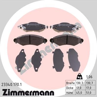 Zimmermann 23340.170.1 - Тормозные колодки, дисковые, комплект unicars.by