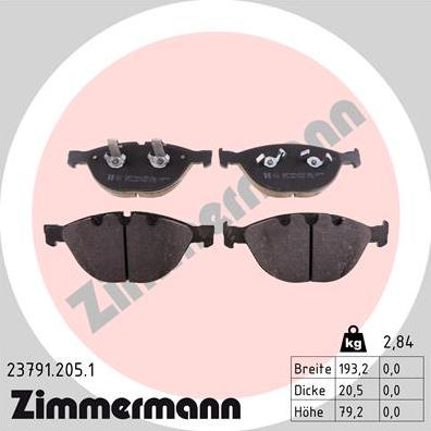 Zimmermann 23791.205.1 - Тормозные колодки, дисковые, комплект unicars.by