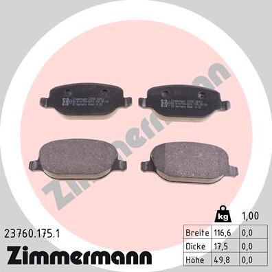 Zimmermann 23760.175.1 - Тормозные колодки, дисковые, комплект unicars.by