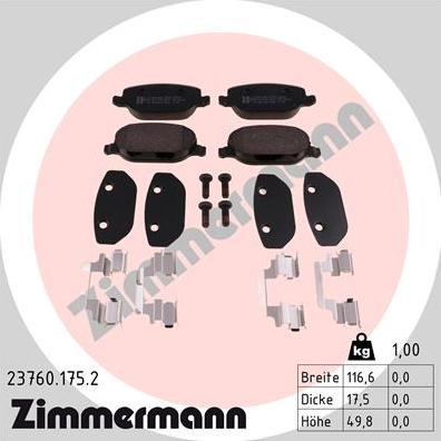 Zimmermann 23760.175.2 - Тормозные колодки, дисковые, комплект unicars.by