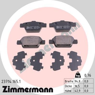 Zimmermann 23714.165.1 - Тормозные колодки, дисковые, комплект unicars.by