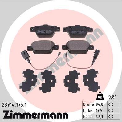 Zimmermann 23714.175.1 - Тормозные колодки, дисковые, комплект unicars.by