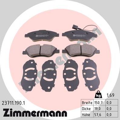 Zimmermann 23711.190.1 - Тормозные колодки, дисковые, комплект unicars.by