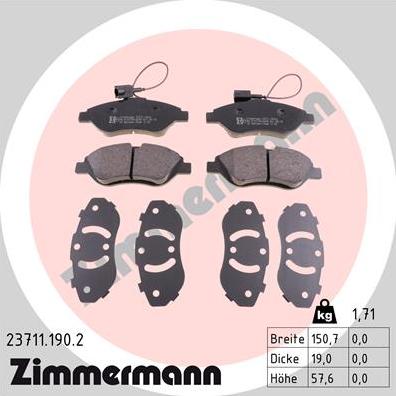 Zimmermann 23711.190.2 - Тормозные колодки, дисковые, комплект unicars.by