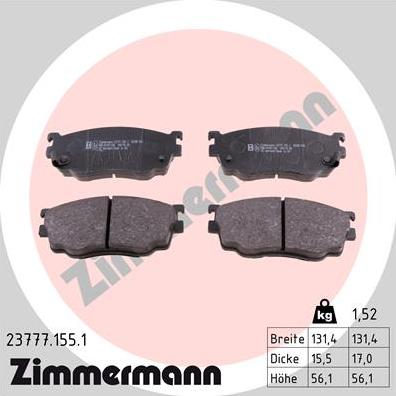 Zimmermann 23777.155.1 - Тормозные колодки, дисковые, комплект unicars.by