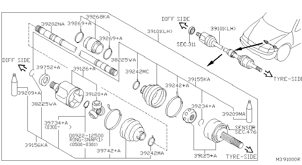 NISSAN 39711-0E505 - Шарнирный комплект, ШРУС, приводной вал unicars.by